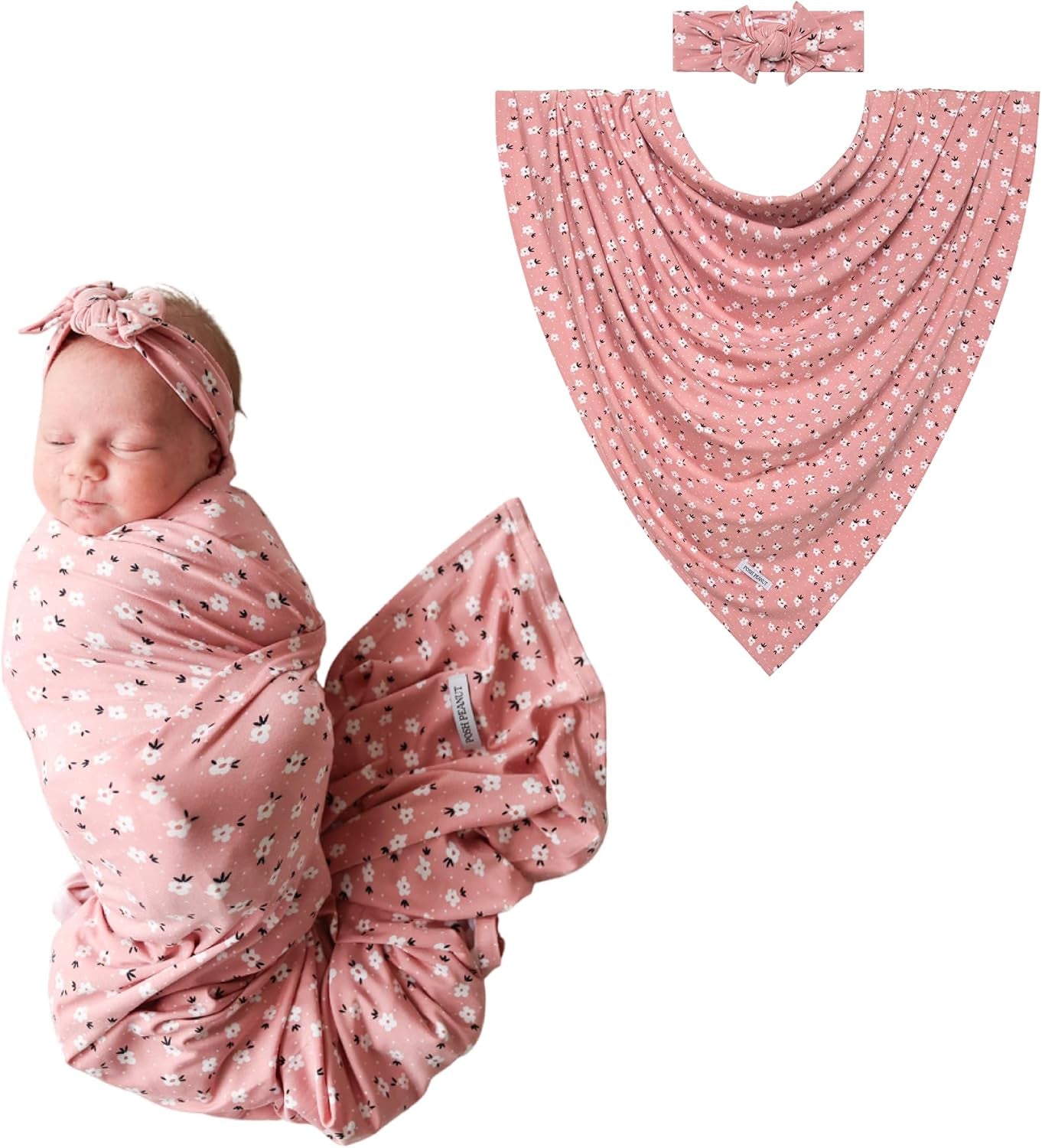 Swaddle Blanket & Headband Set – Viscose from Bamboo Stretchy Baby Swaddle for Newborn Girls, Receiving Blanket or Nursing Cover