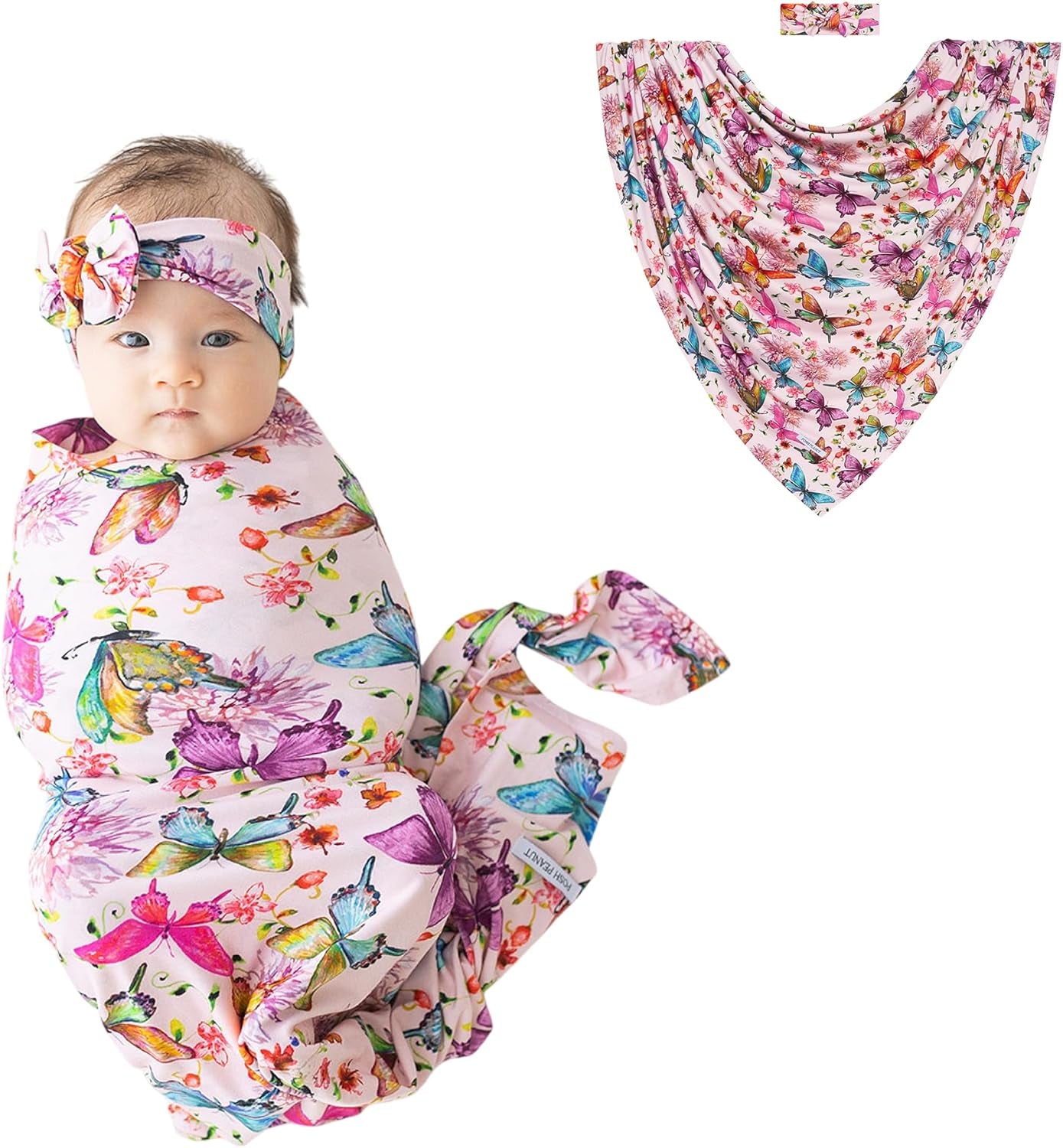 Swaddle Blanket & Headband Set – Viscose from Bamboo Stretchy Baby Swaddle for Newborn Girls, Receiving Blanket or Nursing Cover