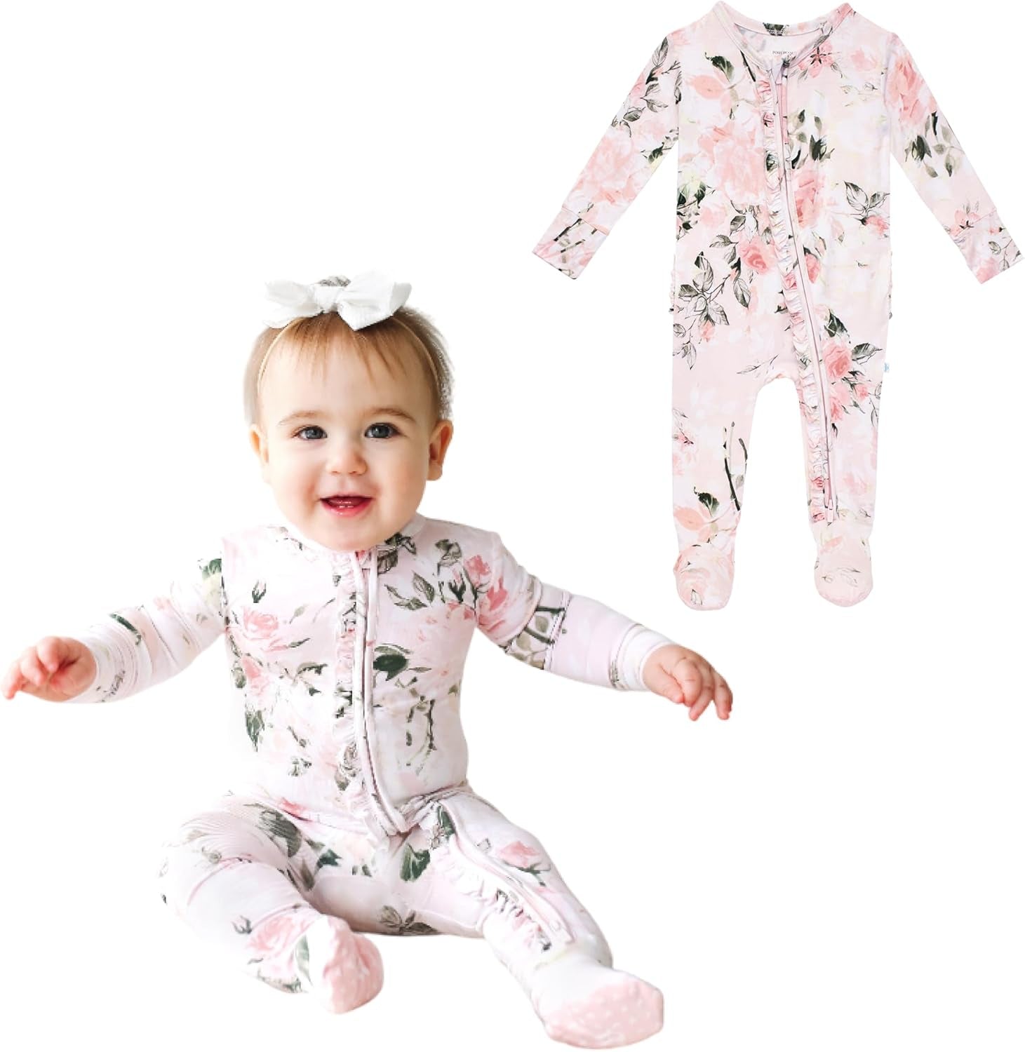 Footie Pajamas for Baby Girls – Sleepers in Viscose from Bamboo with 2-Way Zipper & Ruffle Trim